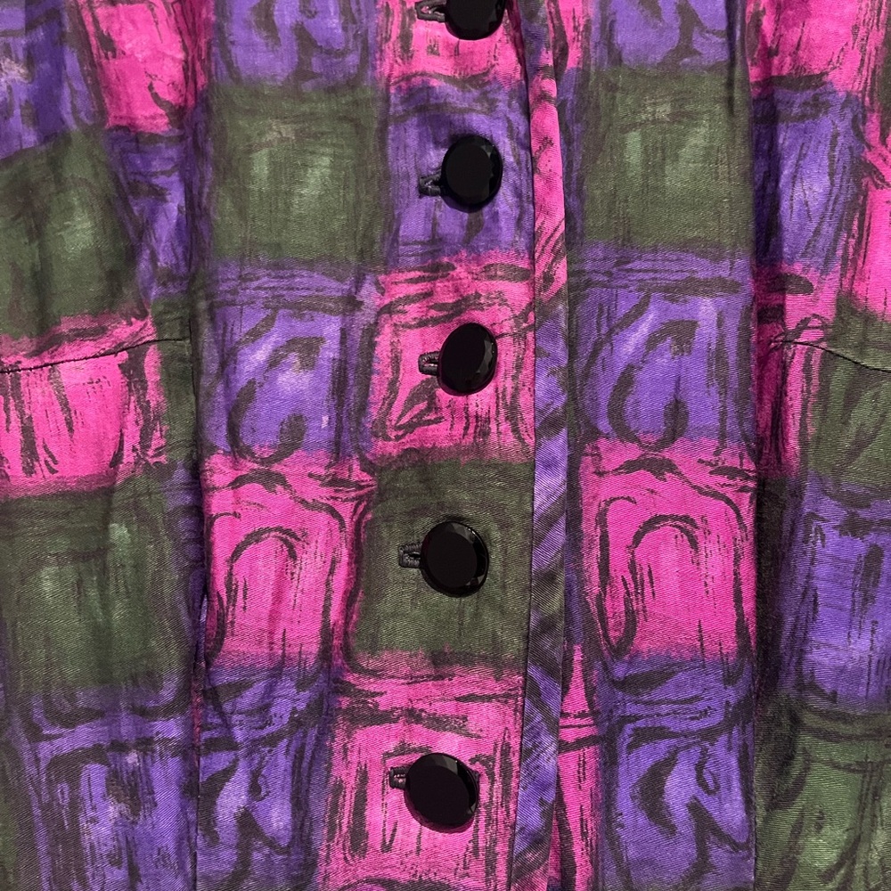 1960s Handmade Purple Pink Green Checkered Dress with Pleated Skirt vintage - Picture 3 of 5